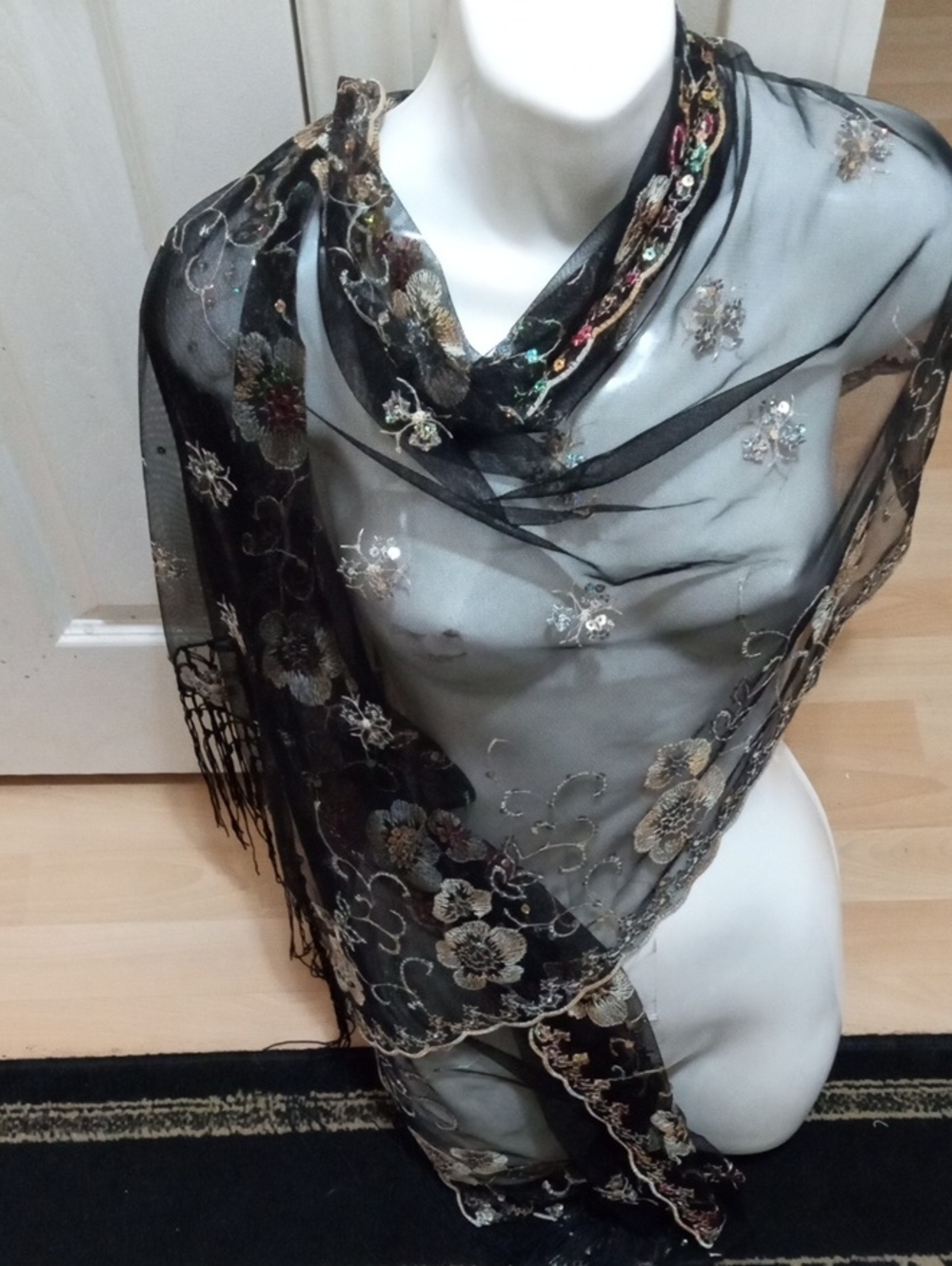 Elegant Black Embroidered Floral Scarf - Lightweight Women’s Accessory